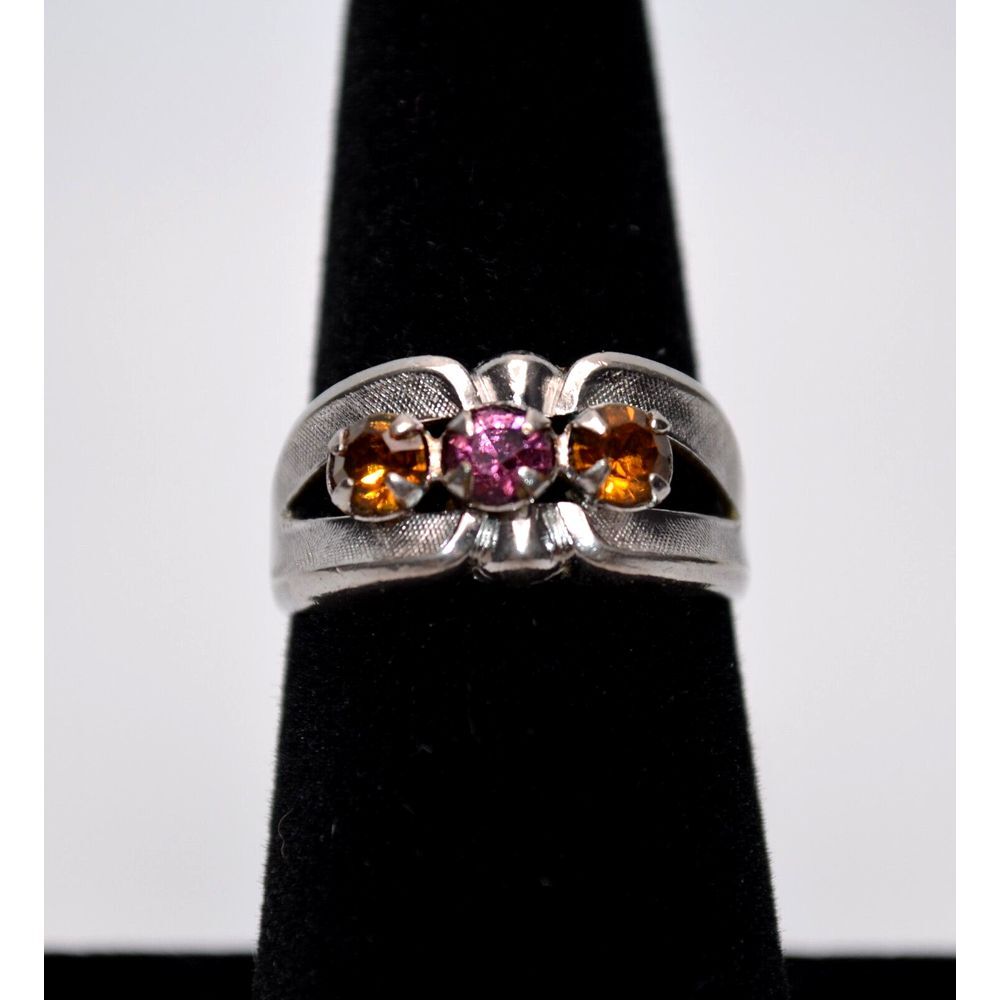 Vintage Rhodium Electroplate Birthstone Mothers Day Ring with 3 Stones Size 7
